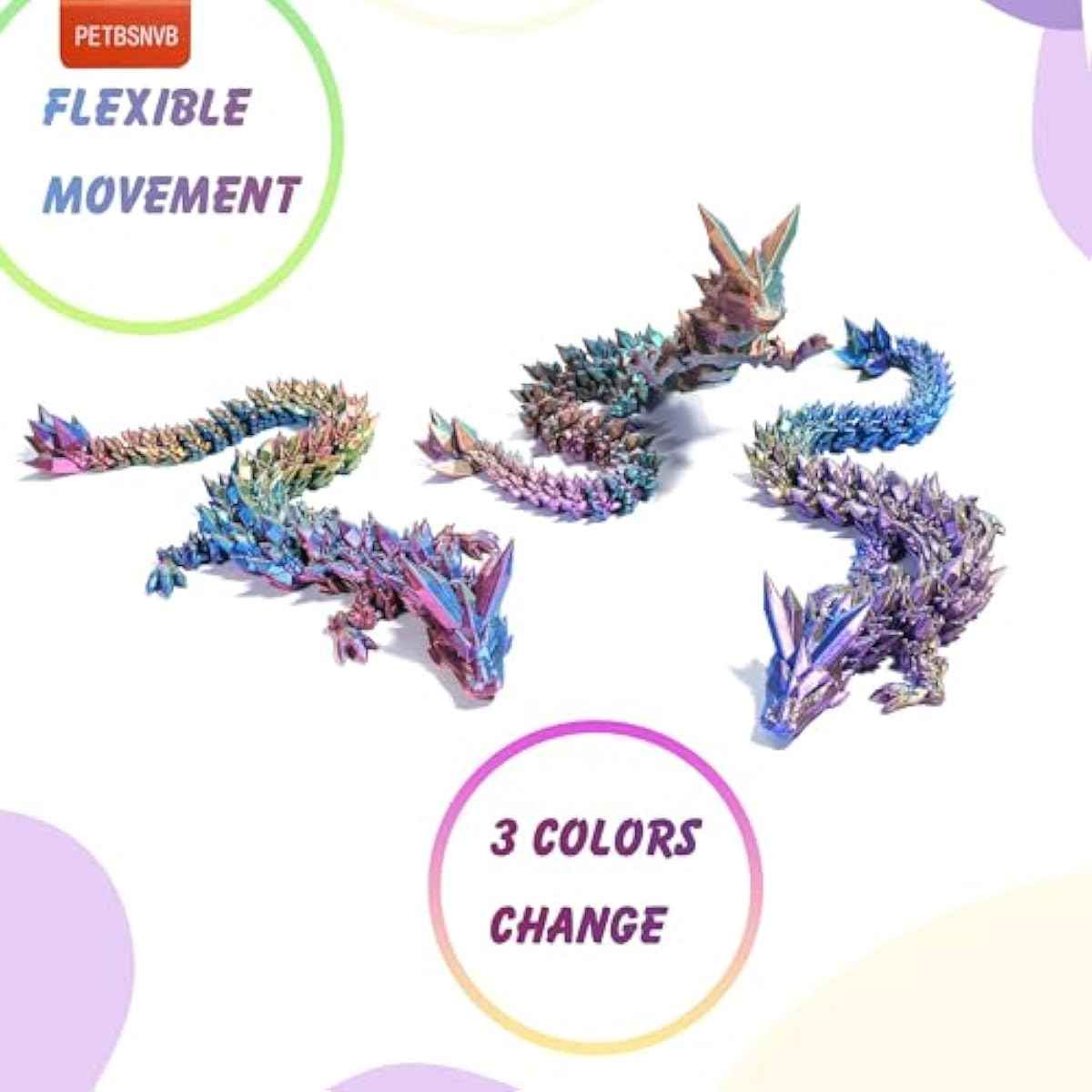 Three Color 12" 3D Printed Dragon, Articulated Dragon, Crystal Dragon, Dragon Fidget Toy, Home Office Decor Executive Desk Toy (Blue Head)