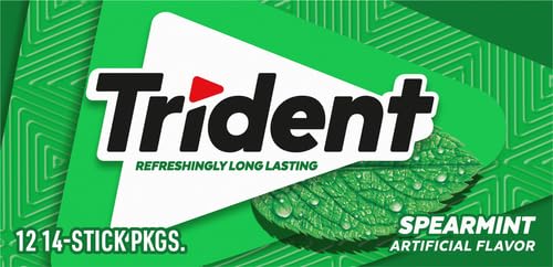 trident spearmint sugar-free chewing gum, 12 packs of 14 pieces, 168 total pieces, bulk sugarless gum
