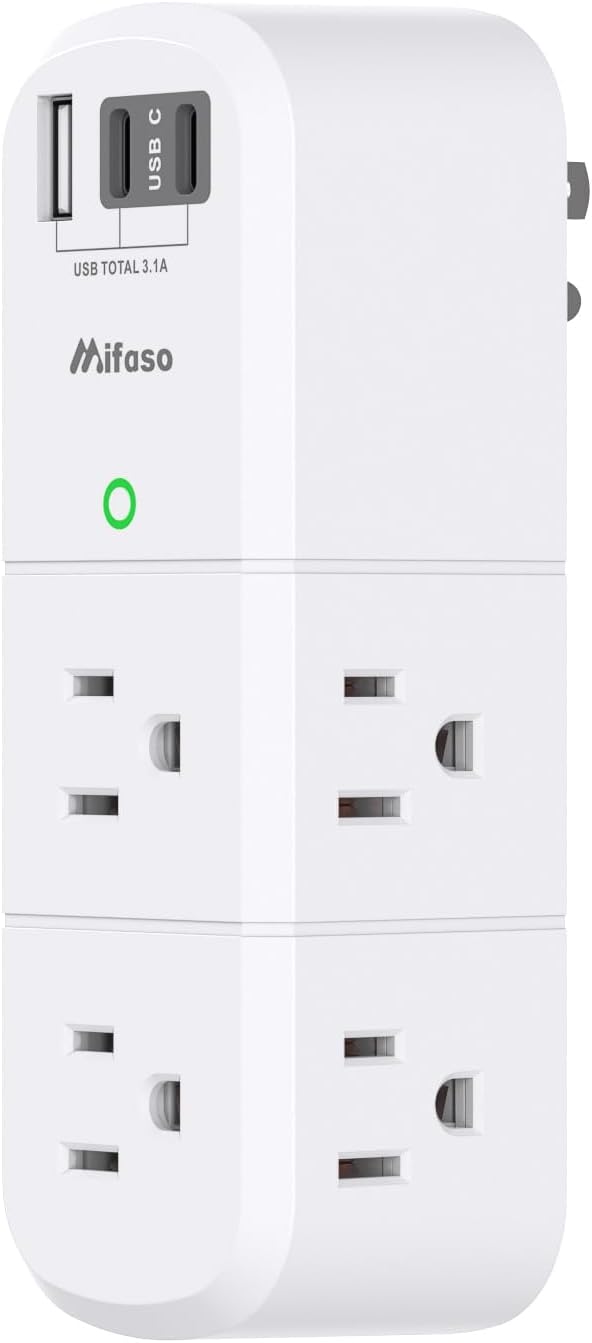 mifaso 3 sided swivel rotating plug surge protector with 6 ac multi plug wall outlets and 3 usb ports