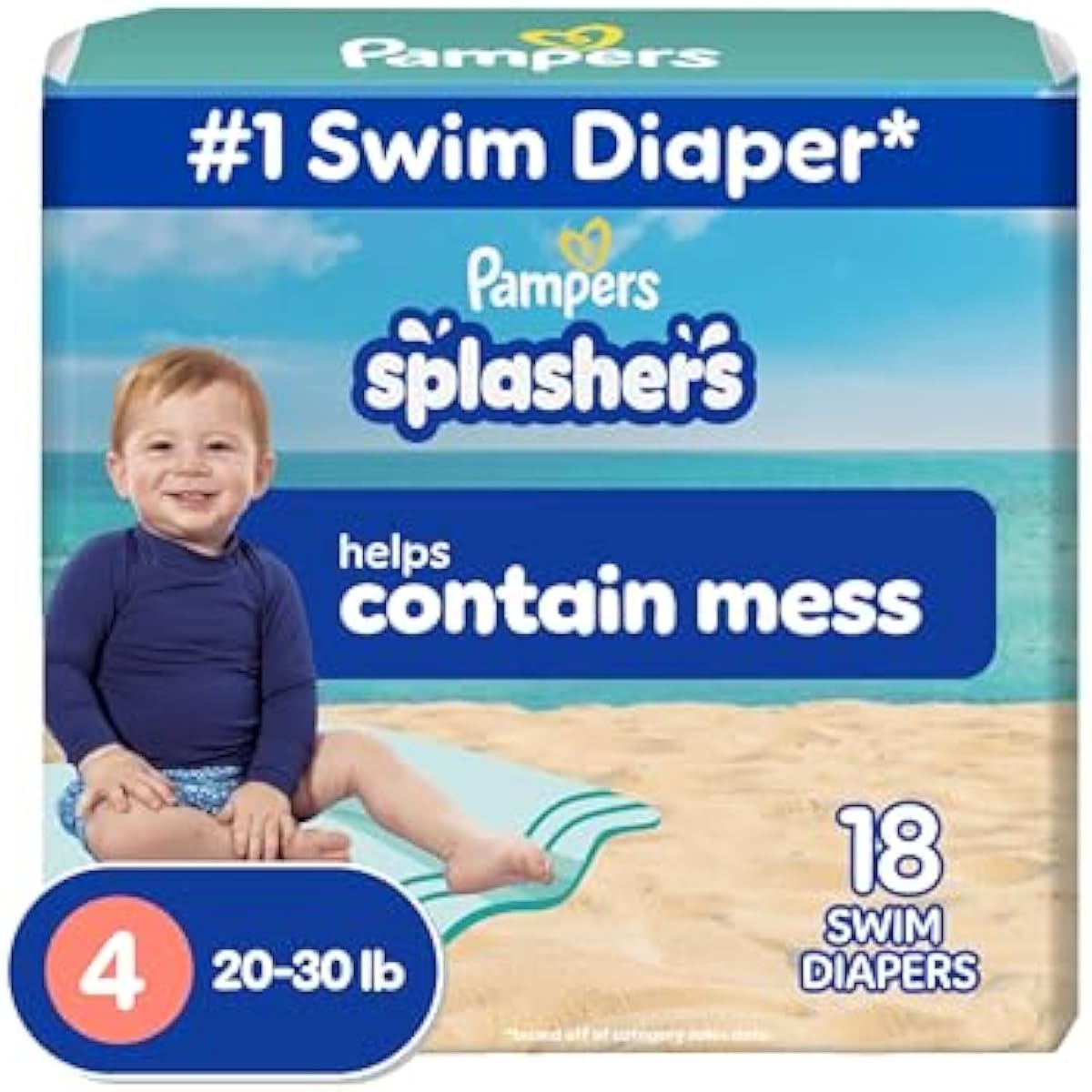 Pampers Splashers Disposable Baby Swim Diapers in Size 4, 18 Count, Gap-Free Protection