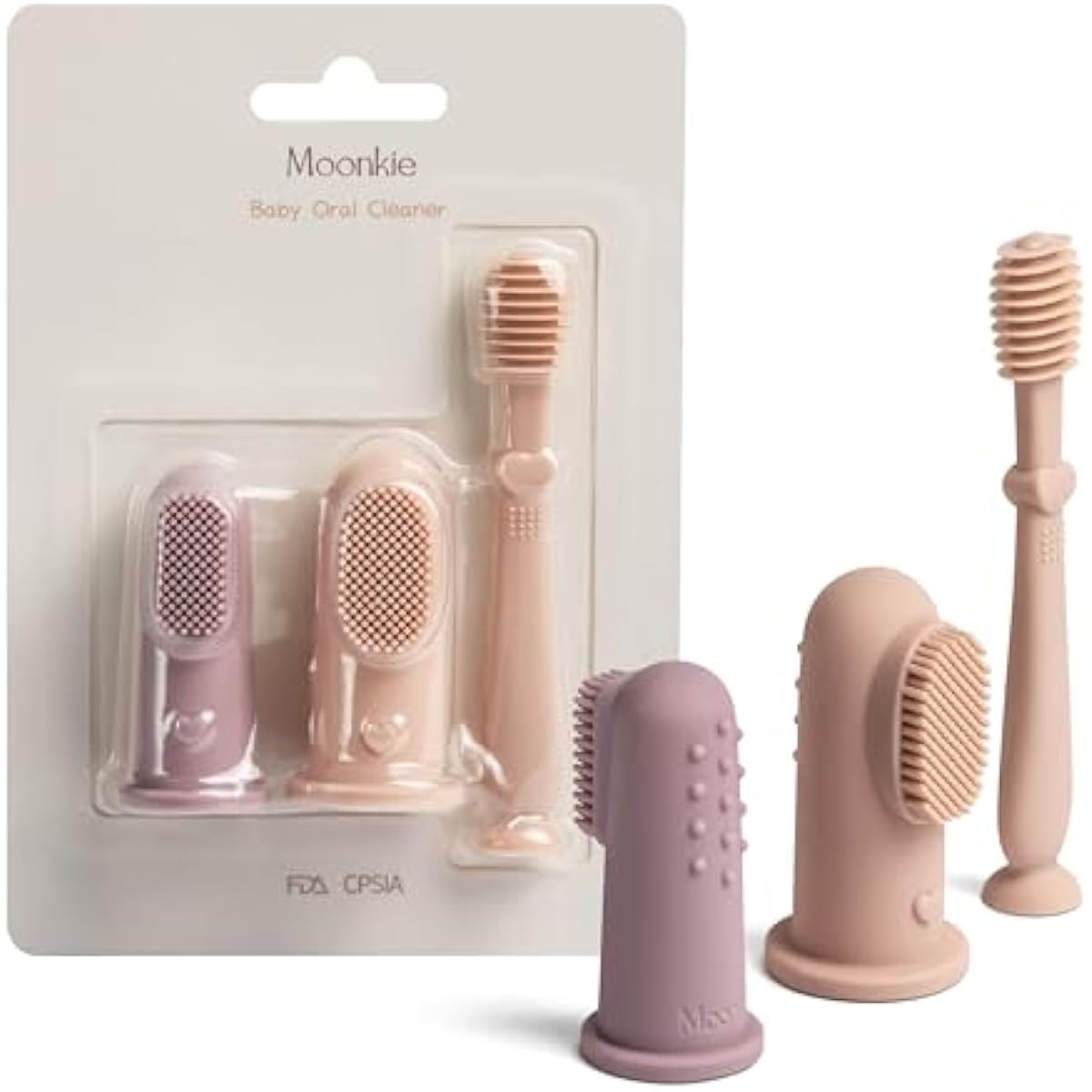 Moonkie Baby Finger Toothbrush Tongue Oral Cleaner Kit for 3 Months +, 3 Pcs, Blush/Pale Mauve/Blush Soft Touch Design