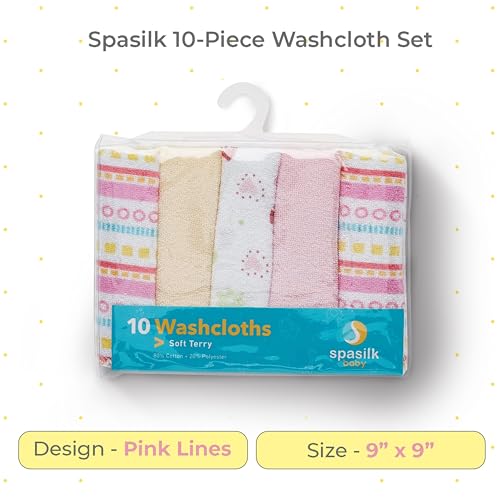 Spasilk newborn washcloths, 10-pack, 80% cotton, 20% polyester, 9x9 inches, various colorful prints