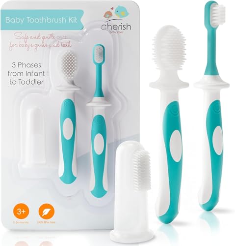 cherish baby care baby toothbrush & toddler toothbrush set (0-2 years) - teal - bpa-free & safety-tested
