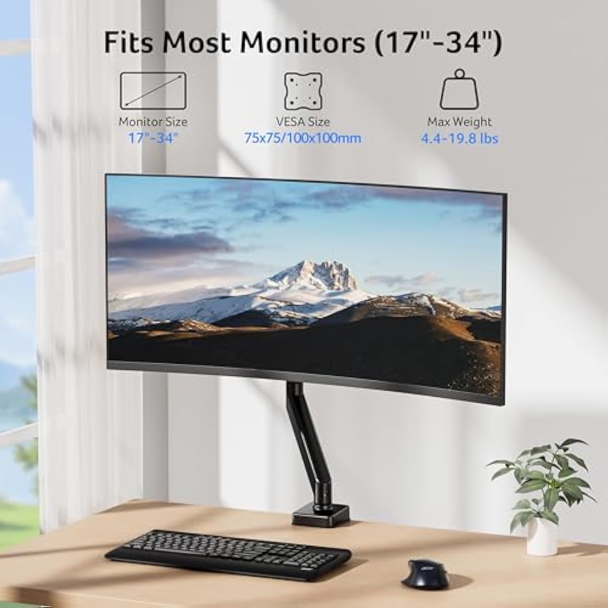 Acer Single Monitor Mount, Fully Adjustable Monitor Arm Fits 17 to 34 Inch Screens, Gas Spring VESA Mount with C-Clamp & Grommet Base, Computer Desk Arm with Tilt Swivel Rotate Supports 4.4-19.8 lbs