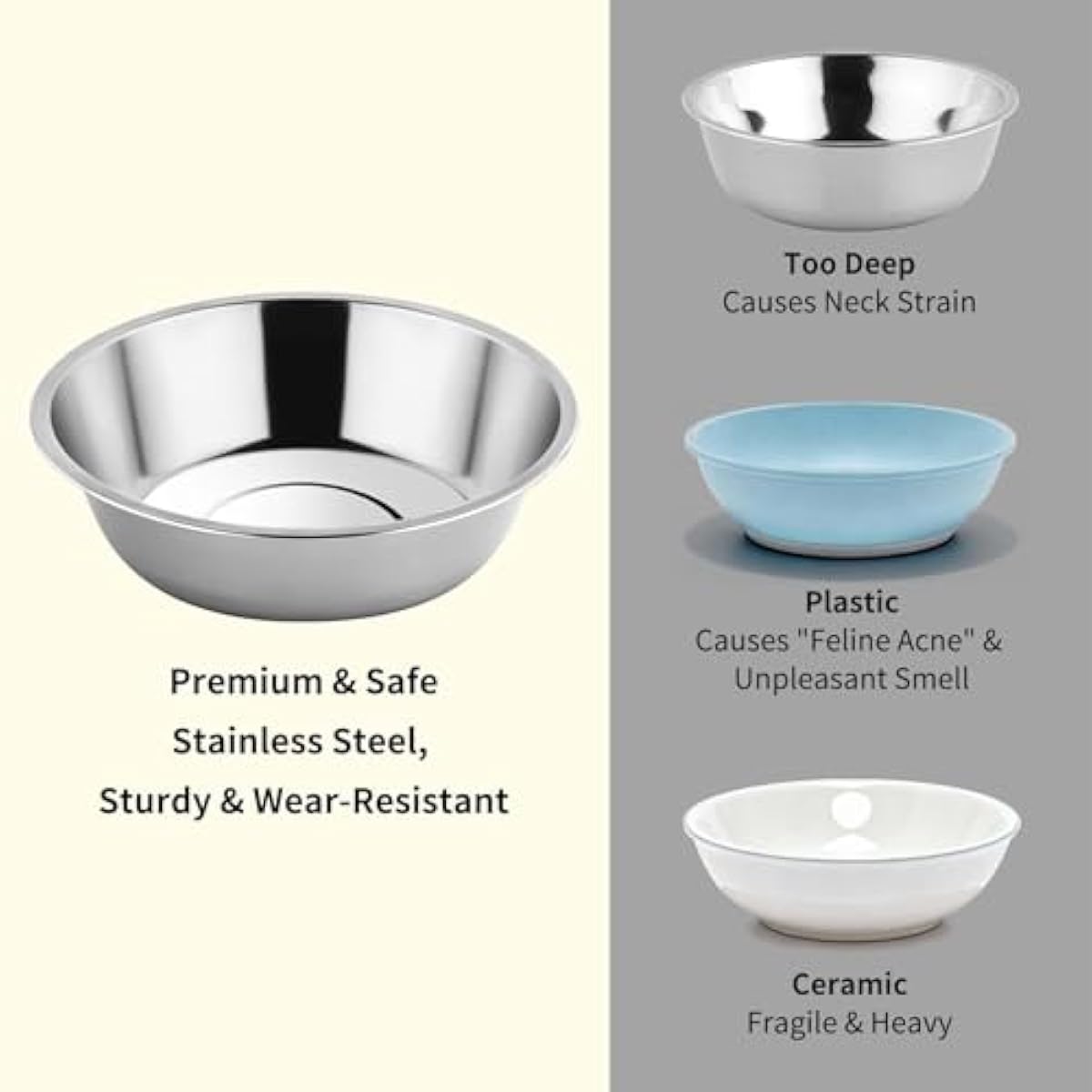 Tifanso 6PCS stainless steel cat bowls, 5.6" shallow wide whisker friendly metal kitten plates, indoor pet food tray, dishwasher safe