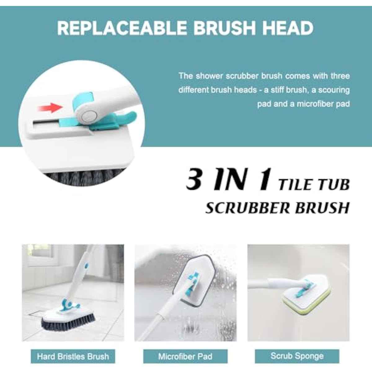nacena Shower Scrubber with Long Handle, 3 in 1 Tile Tub Scrubber Brush with 3 Detachable Cleaning Heads Adjustable Handle Shower Cleaner Brush for Bathroom, Kitchen, Toilet, Wall, Sink, Blue White