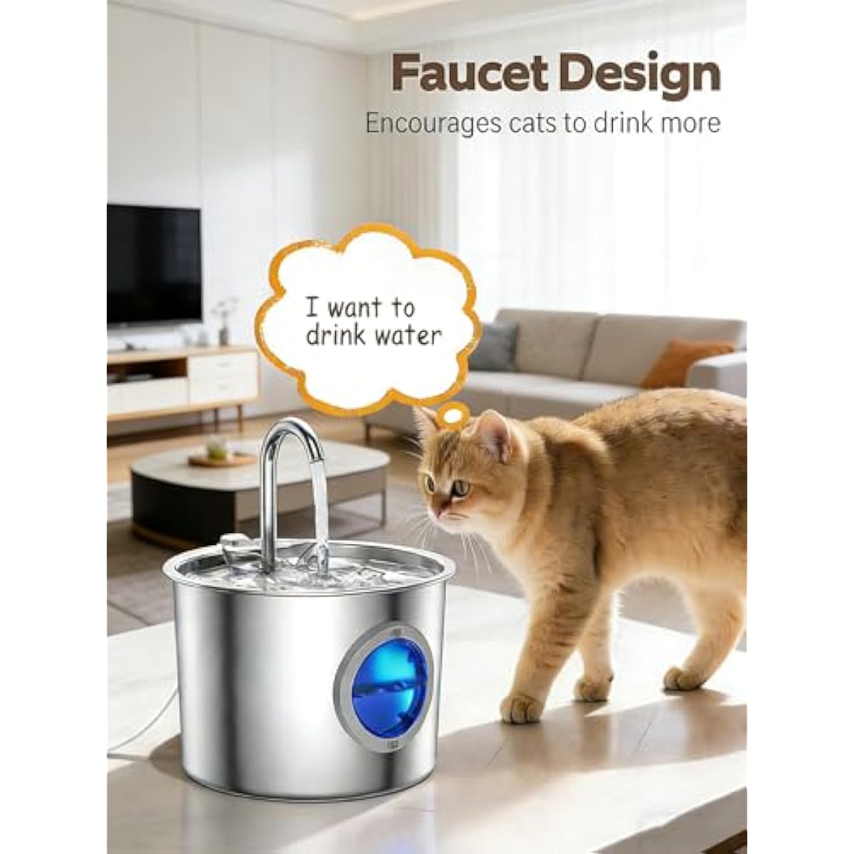 Cat Water Fountain Advanced 304 Stainless Steel 2.2L/74oz with Detachable Tank, Easy to Clean