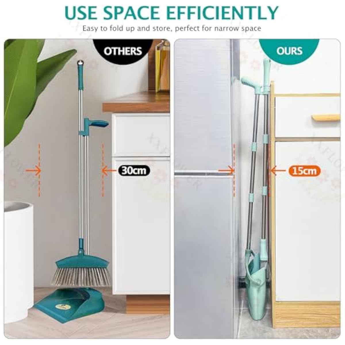 XXXFLOWER Broom and Dustpan Set with Cleaning Teeth, 55" Long Handle Indoor Sweeping Combo for Home Office Kitchen, Bluish Green