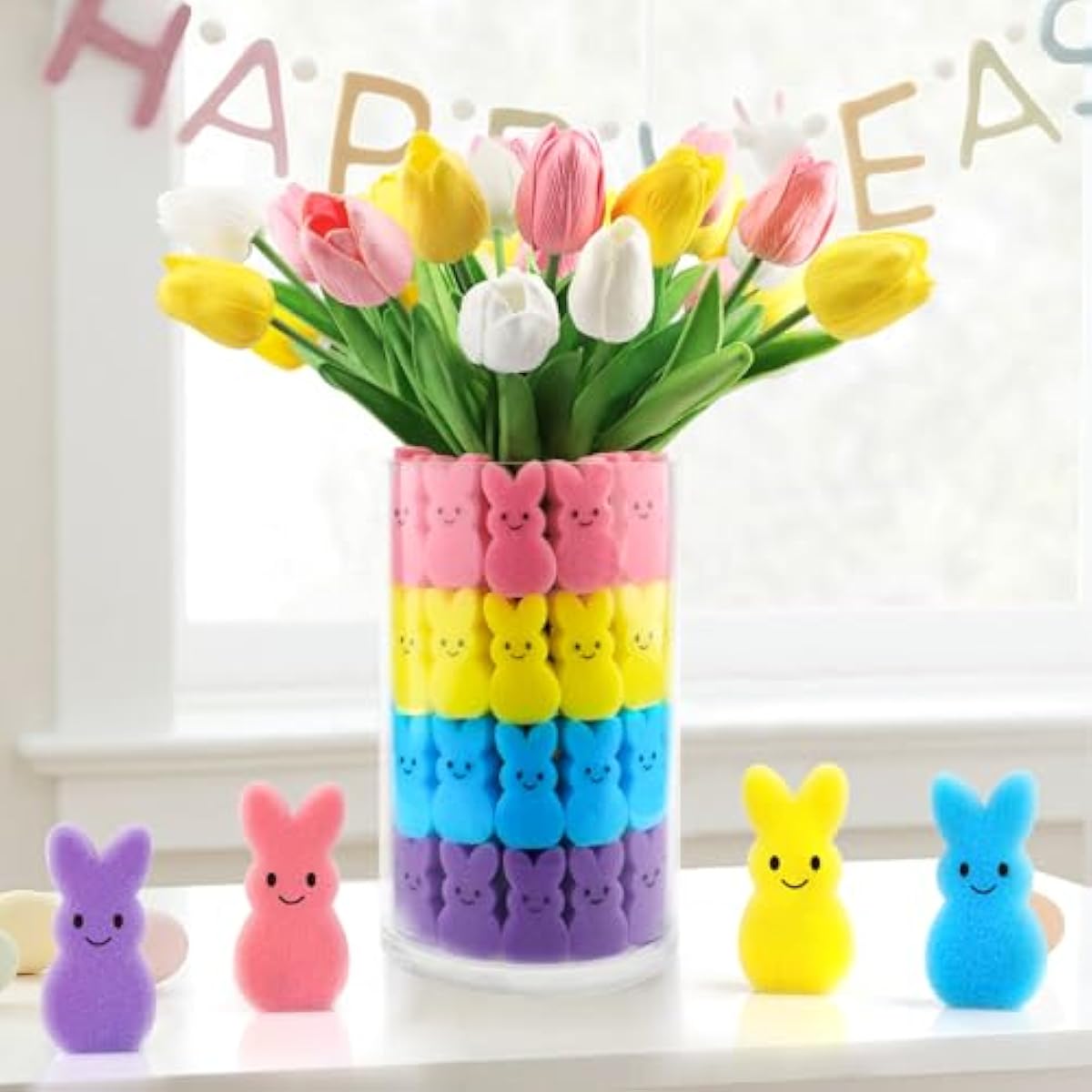 Easter Decorations Easter Decor 15pcs Artificial Tulips with 48pcs Bunnies Vase Filler Spring Decor Home Indoor Decoration Centerpieces for Tables