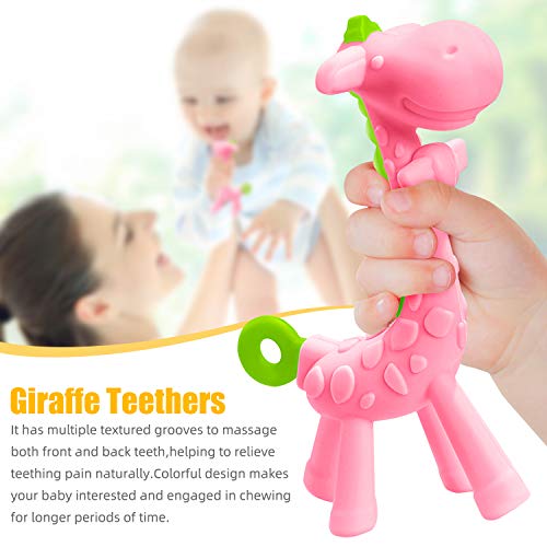 SHARE&&CARE BPA Free Silicone baby teether giraffe toy with storage case, for 3 months above infant sore gums pain relief (Pink)