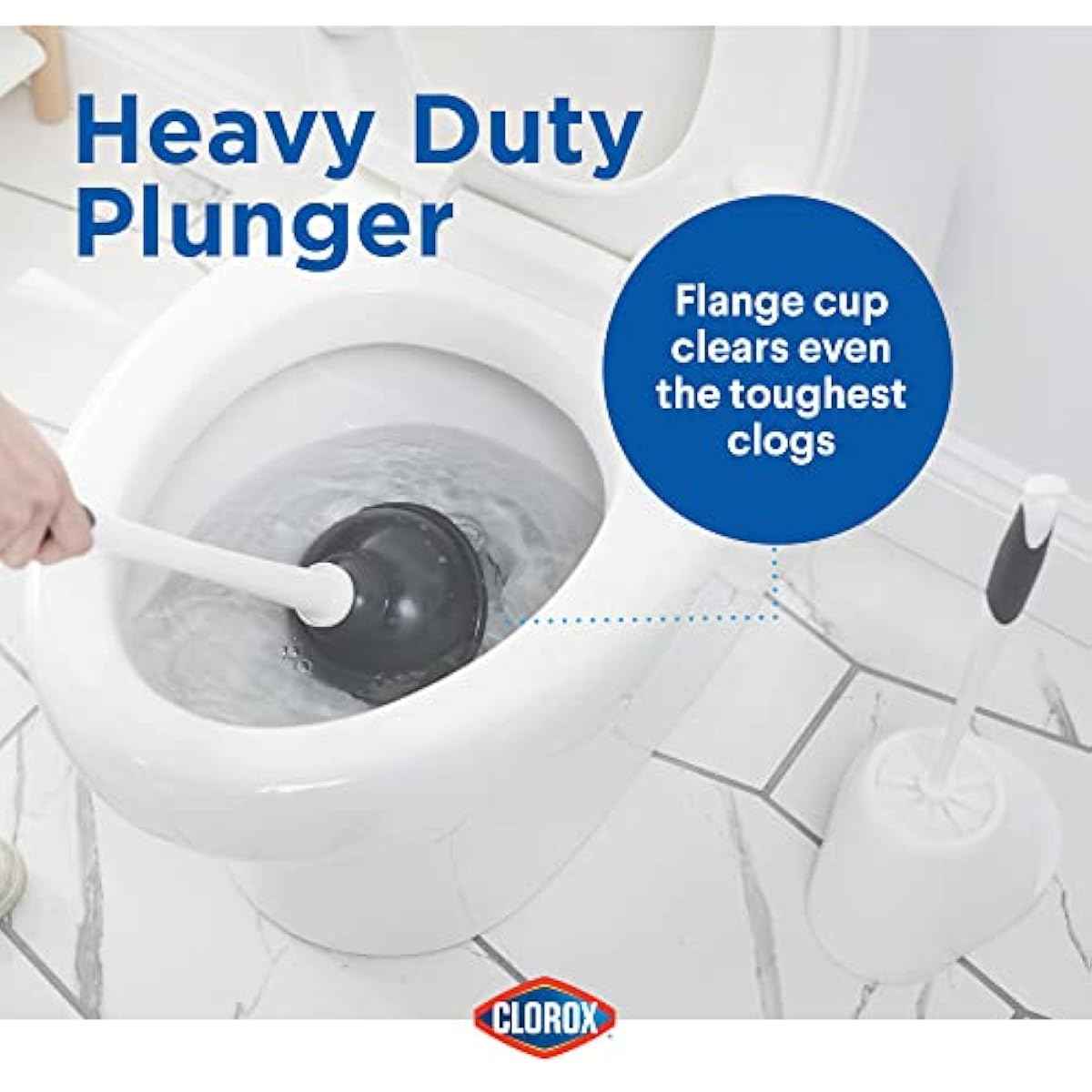 Clorox Toilet Plunger and Bowl Brush Combo with Caddy, 6.75 x 7 x 19.5 in, White/Gray