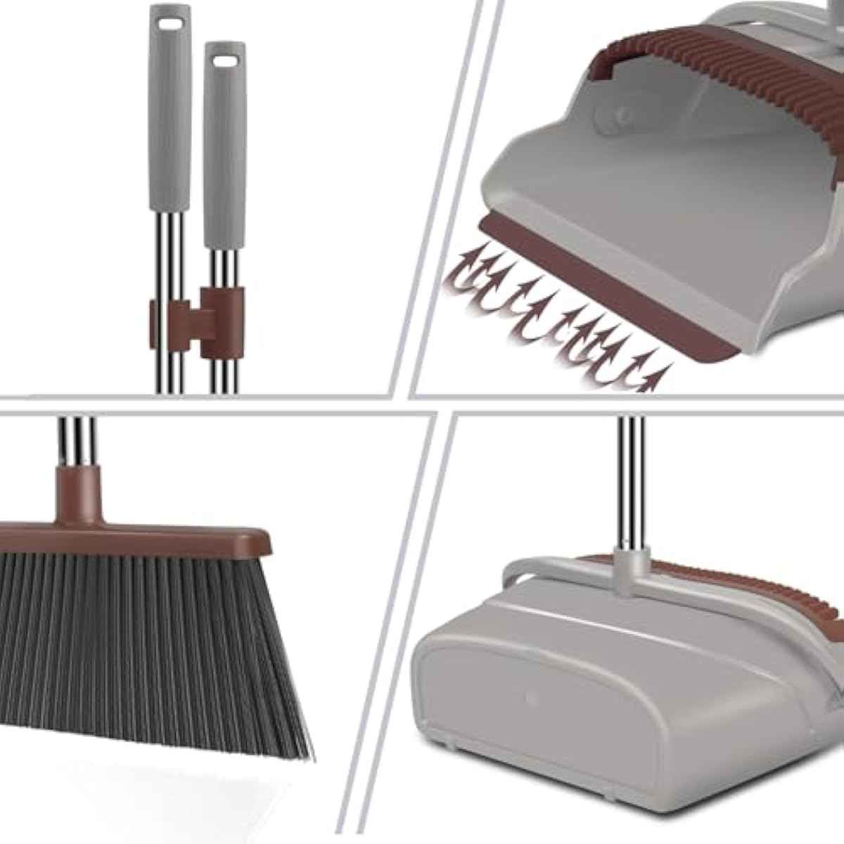 kelamayi Upgrade Broom and Dustpan Set, Self-Cleaning with Dustpan Teeth, Ideal for Dog Cat Pets Home Use, Super Long Handle Upright Stand Up Broom and Dustpan Set (Brown)
