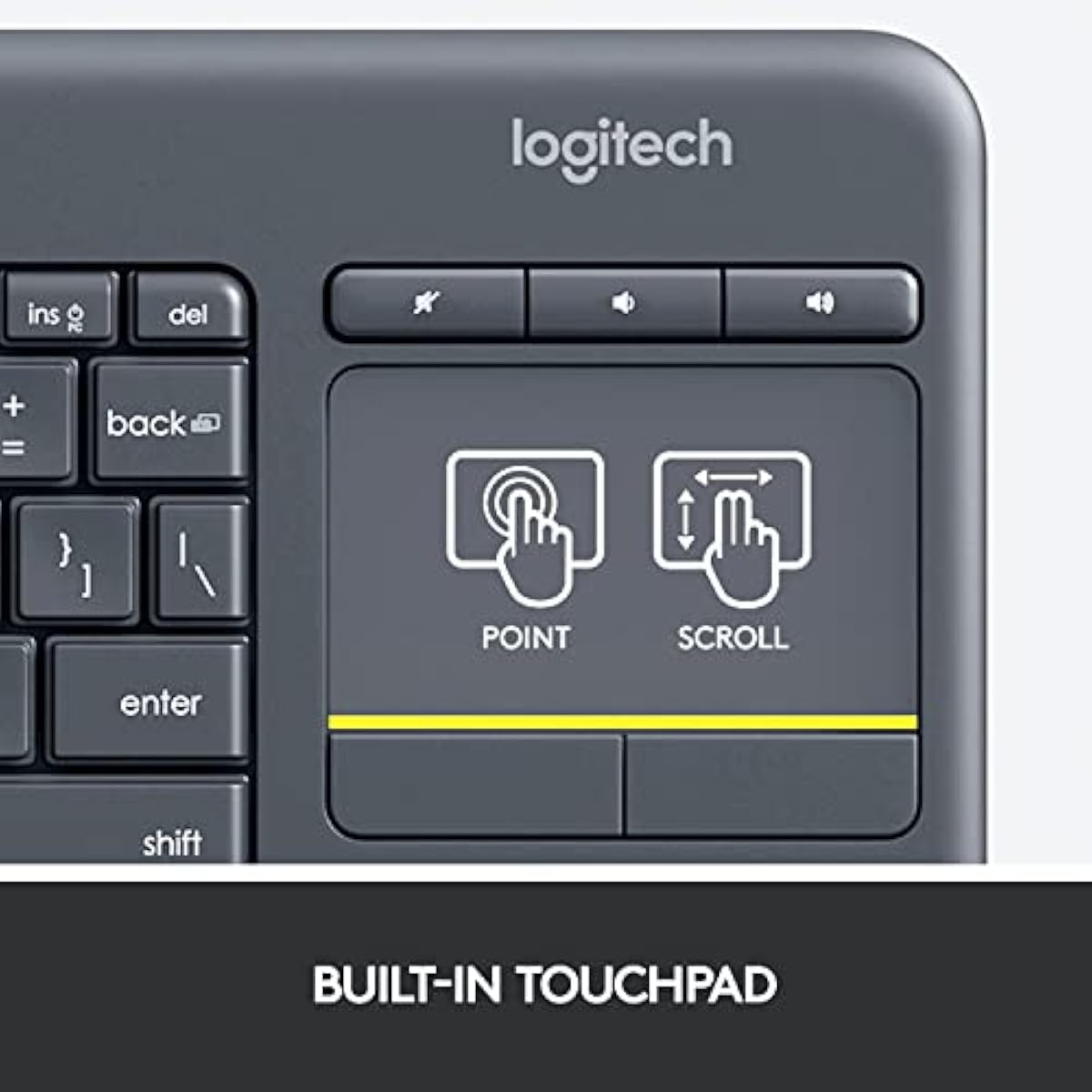 logitech k400 plus wireless touch tv keyboard with easy media control, htpc keyboard for pc-connected tv, android, windows