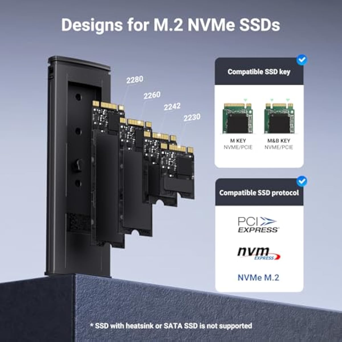 UGREEN SSD Enclosure, Tool-Free USB C External, 10Gbps M.2 NVMe to USB Adapter/Reader Supports M and B&M Keys and Size 2230/2242 /2260/2280 SSDs