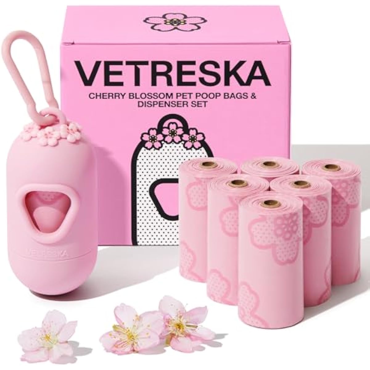 vetreska dog poop bag dispenser with cherry blossom scented bags and holder, pink