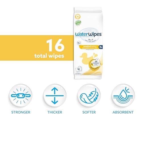 WaterWipes Sensitive+ Bathing Wipes, 3-In-1 Cleans, Cares, Protects, Unscented, Hypoallergenic, 99.9% Water, 16 Count, 1 Pack