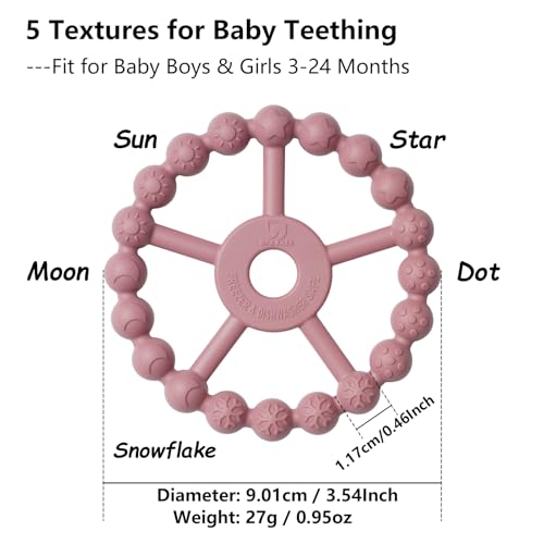 silicone teether ring toys for babies 0-6 months, 3-pack purple pink white