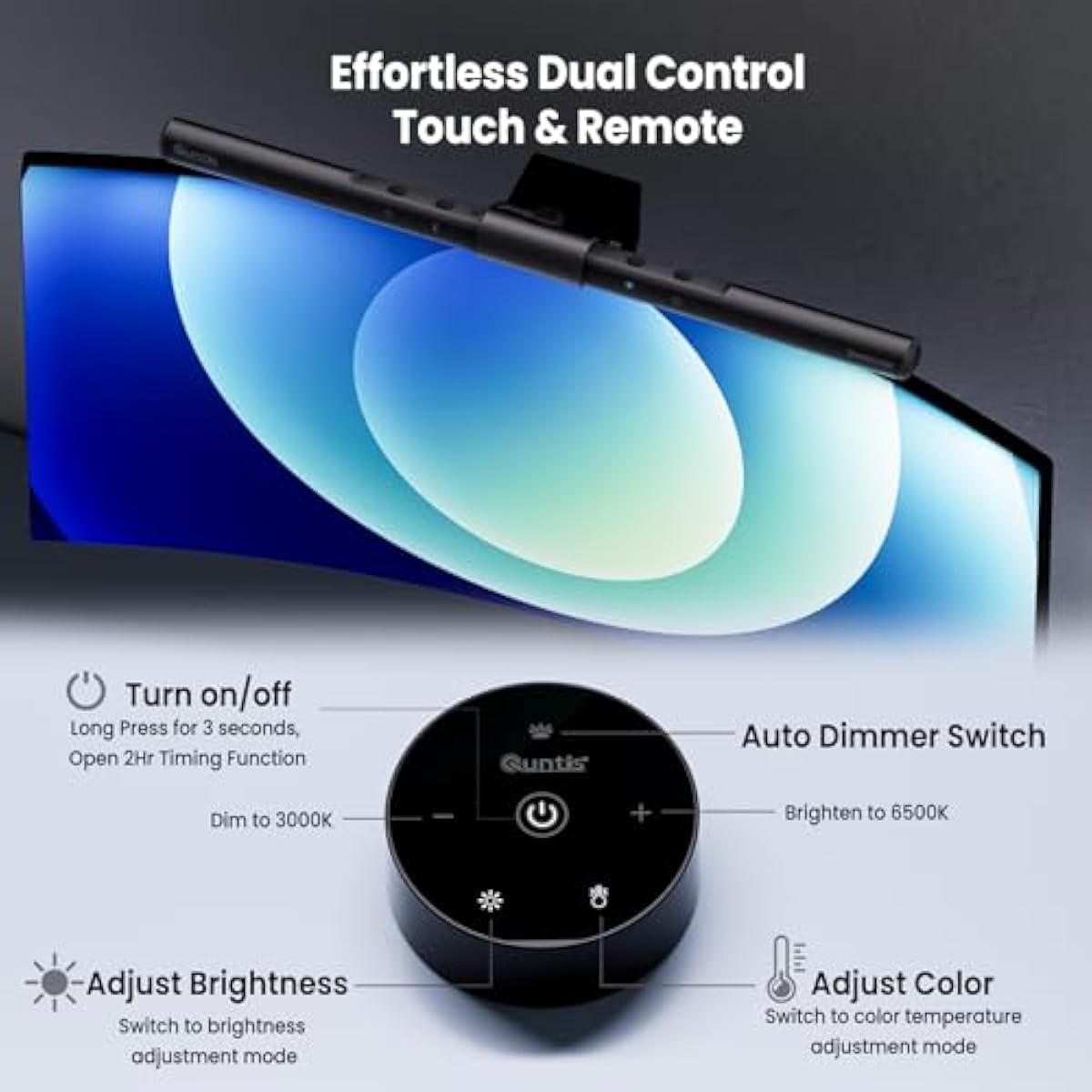 Quntis computer monitor lamp for eye caring with auto-dimming and touch control