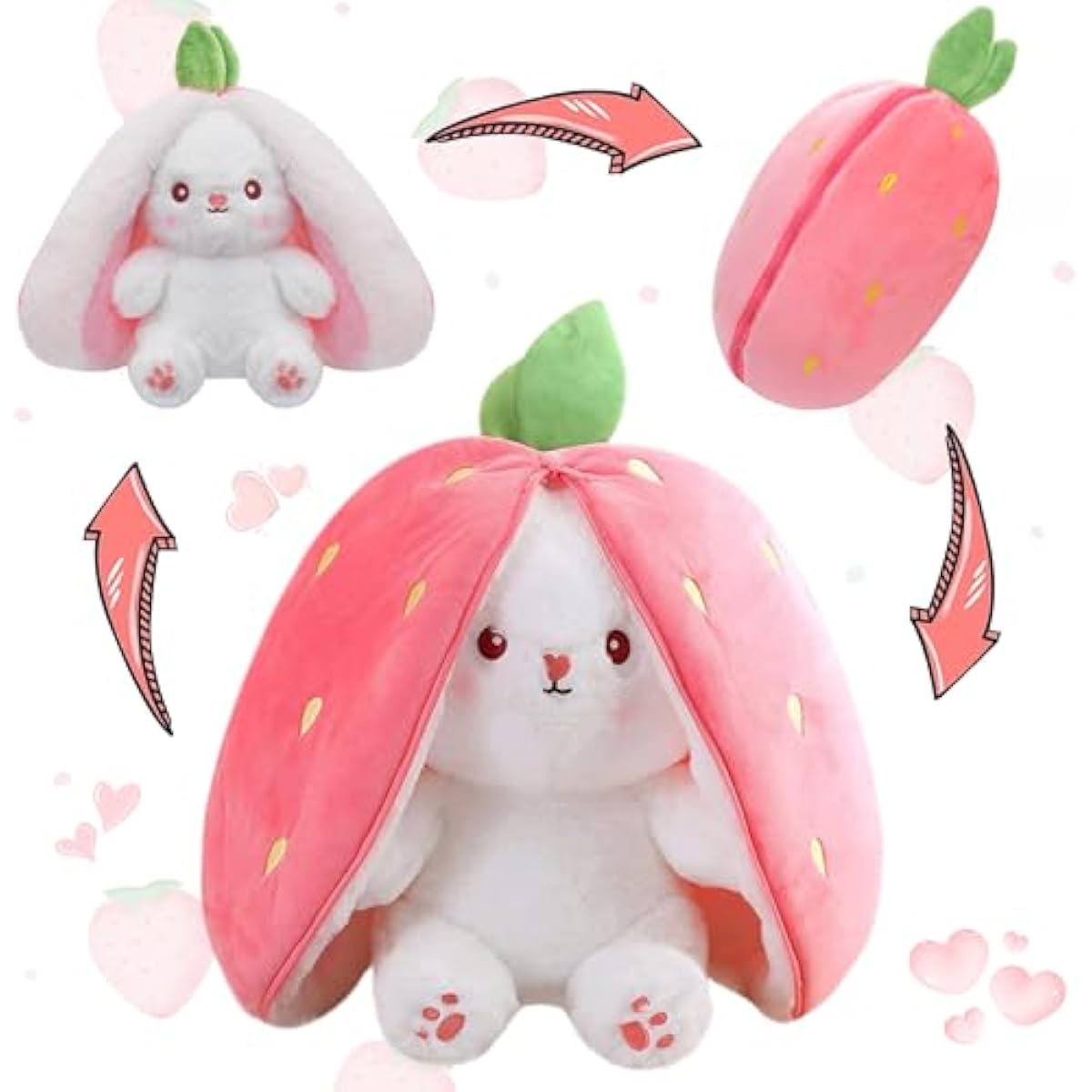 miaodam strawberry bunny reversible cuddle bunny plush zipper transformed rabbit toy