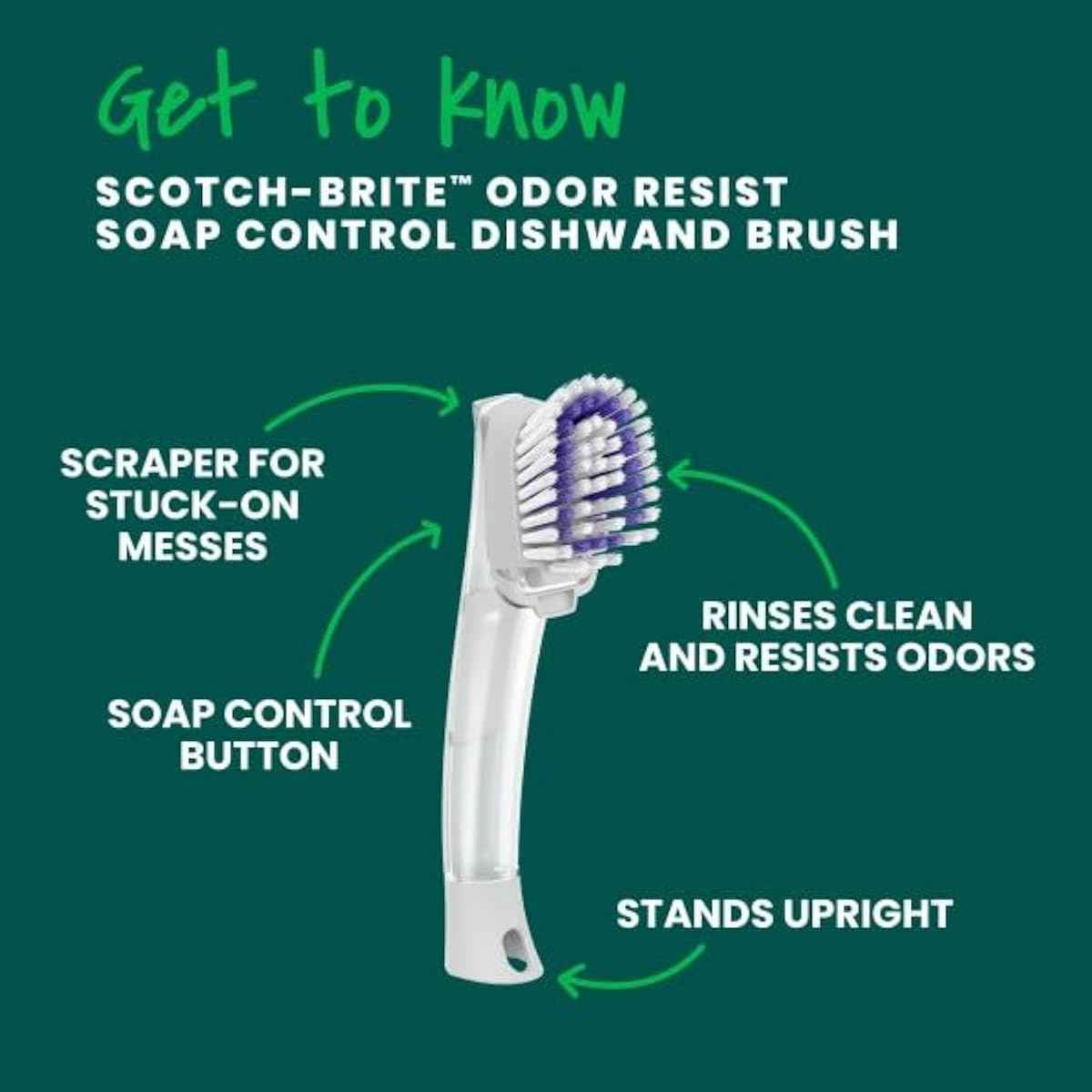 Scotch-Brite Odor Resist Soap Control Dishwand Brush, Non-Scratch Cleaning Brush with Scraper, Stands Upright, 1 Pack