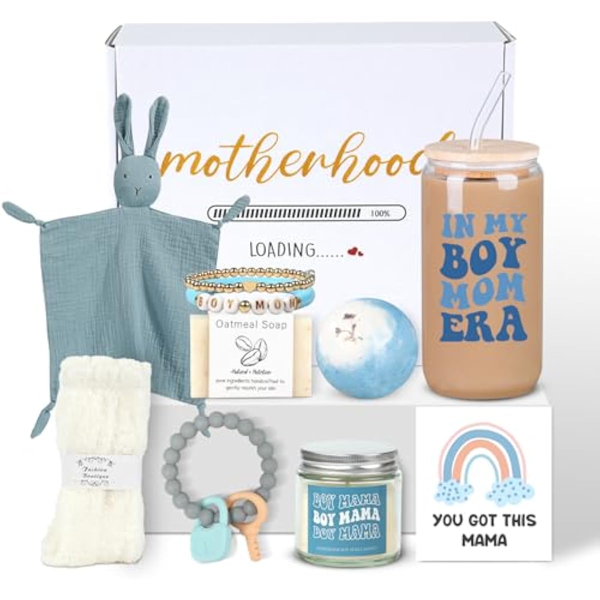 New Mom Gift Basket for Boy Mom, Postpartum Care Package with Boy Mom Drinking Cup and Bunny Lovey Blanket