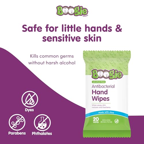 Boogie Antibacterial Hand Wipes, 100 Total Wipes, 5 Packs of 20, Alcohol Free, Hypoallergenic, Moisturizing Aloe for Kids and Adults