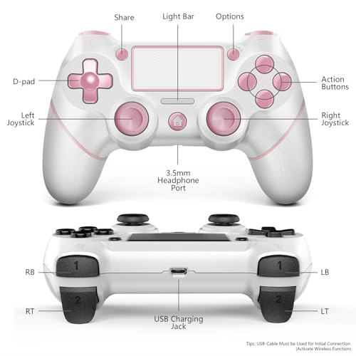 AceGamer 2 Pack wireless controller for PS4/Pro/Slim/PC with non-slip grip and USB-C cable (Pink and White)