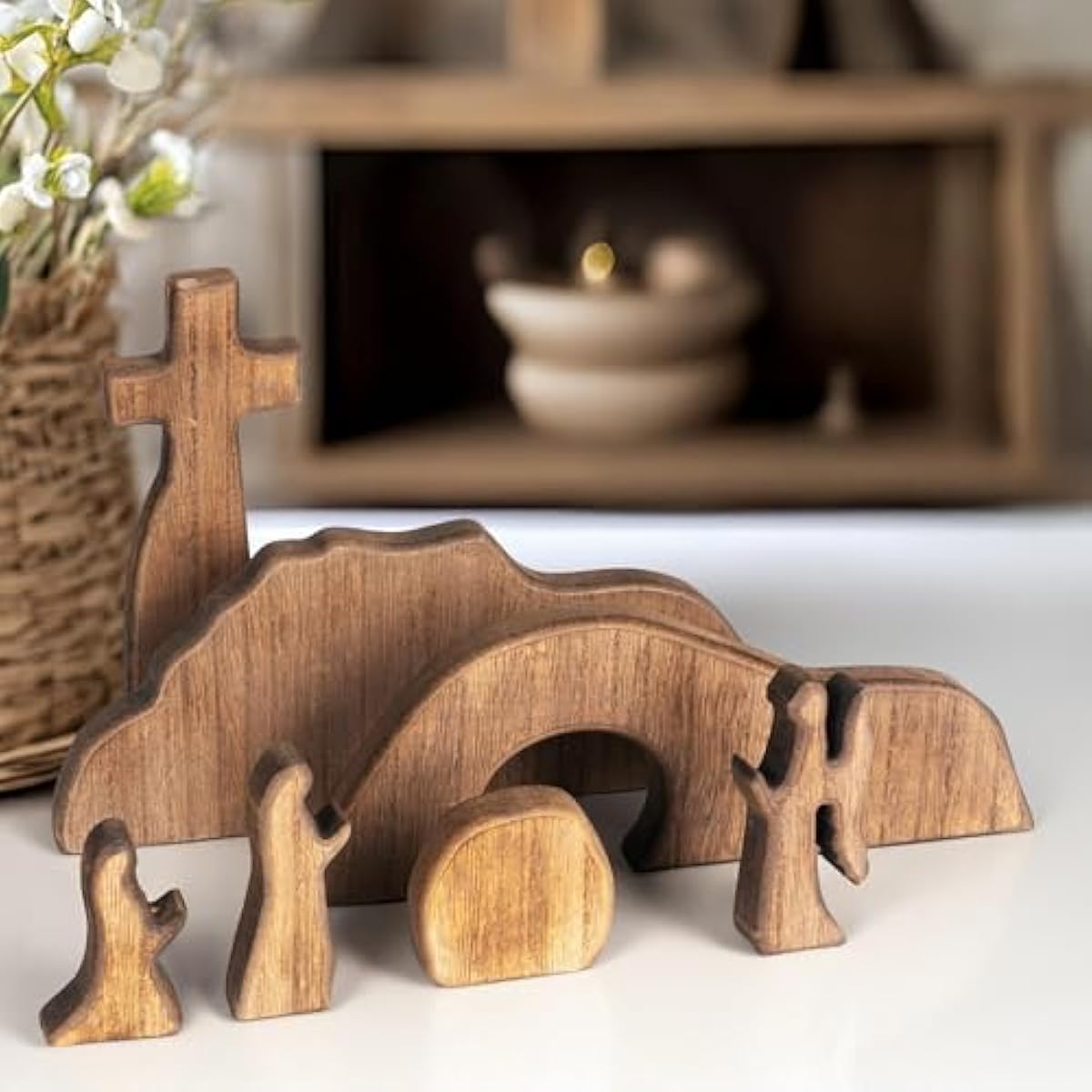 Nerosun wooden Easter resurrection scene and cross decoration set for religious home office tabletop