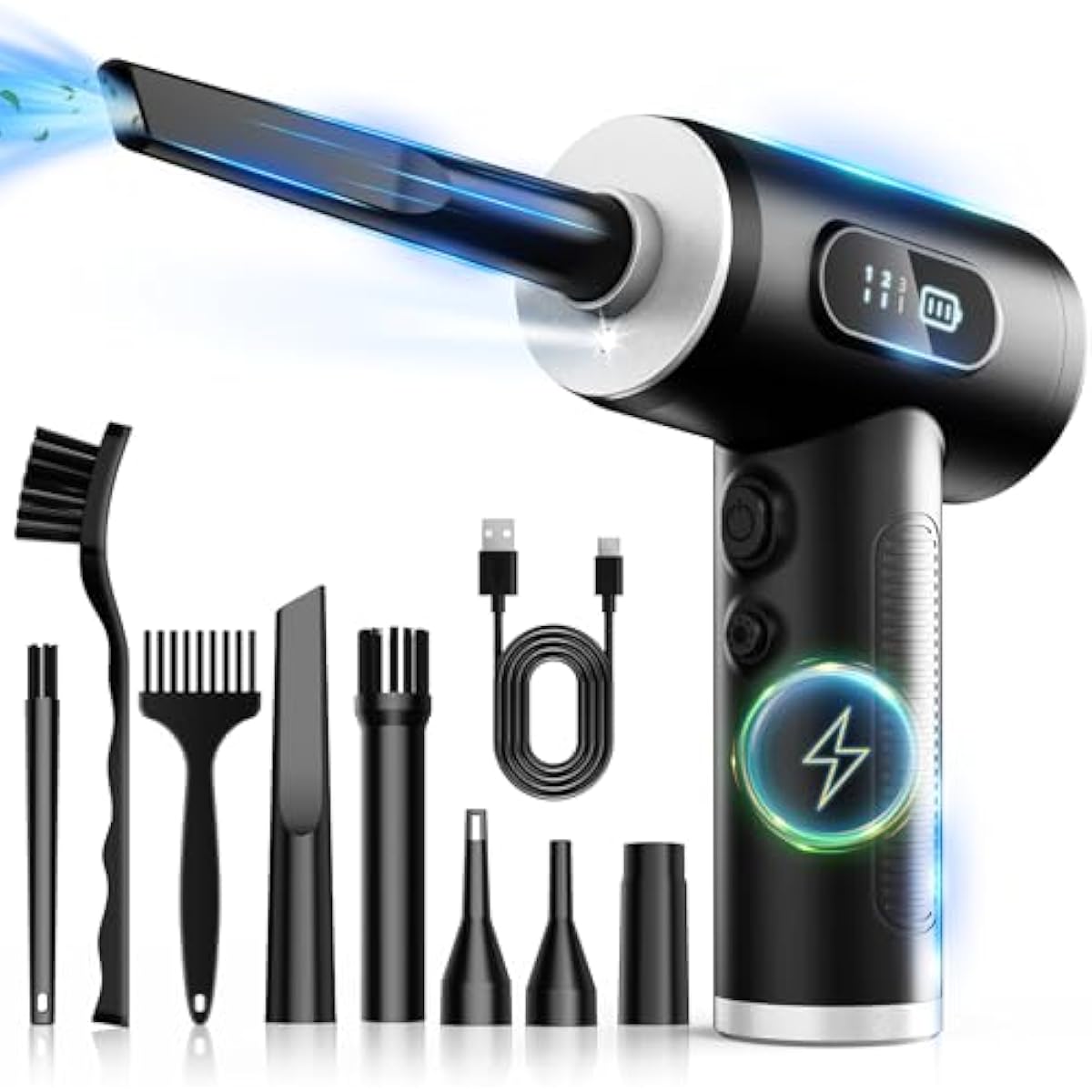 3-gear adjustable electric air duster with led light, rechargeable cordless air blower for keyboard cleaning (black)