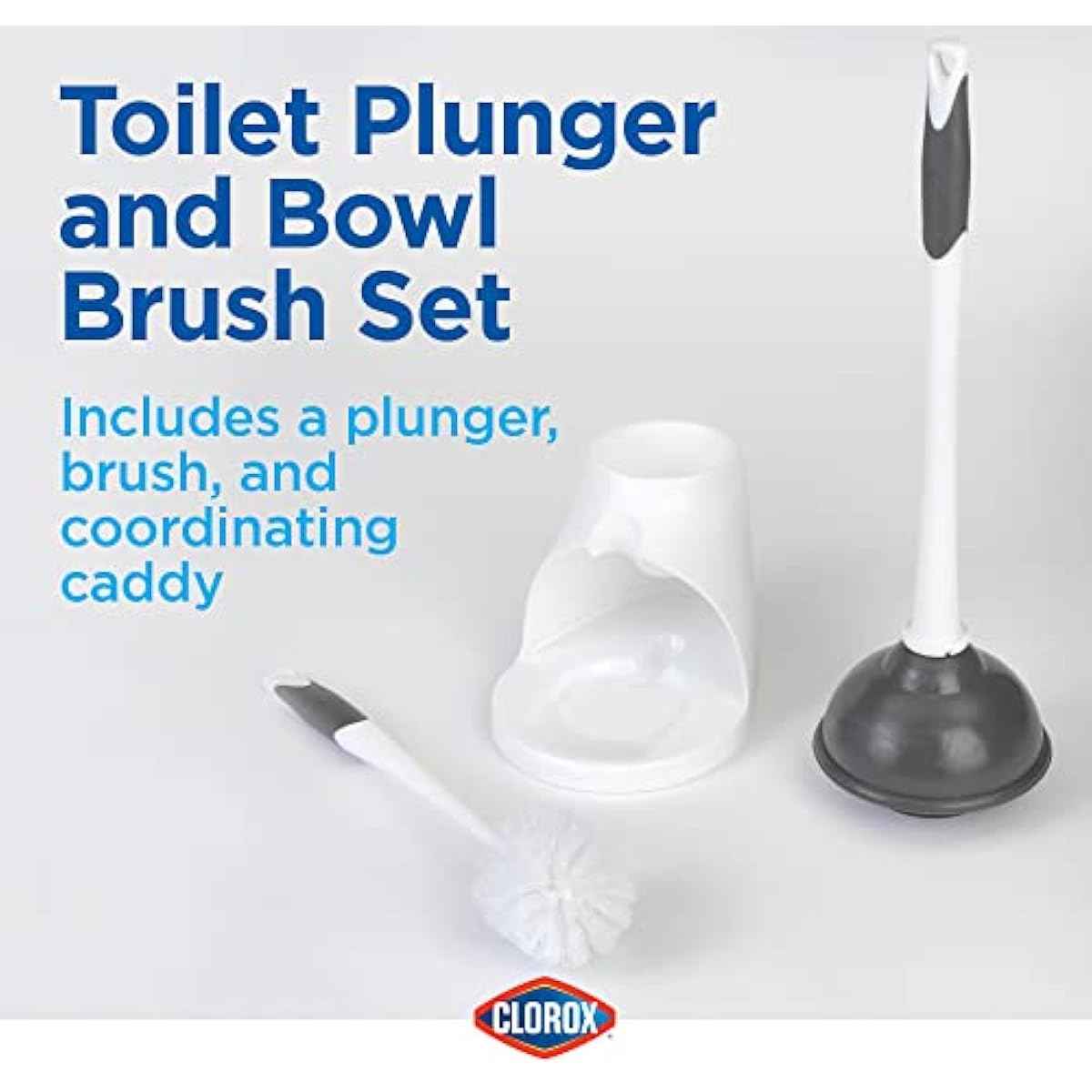 Clorox Toilet Plunger and Bowl Brush Combo with Caddy, 6.75 x 7 x 19.5 in, White/Gray