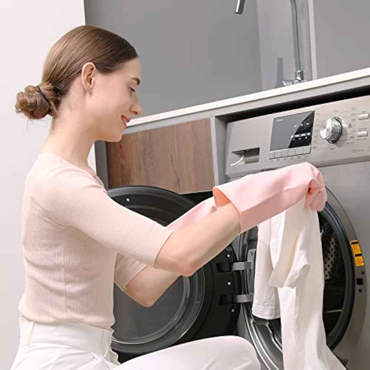 COOLJOB Medium Household Rubber Gloves with Cotton Liner & Non-slip Grip, Waterproof Long Lasting Dishwashing Gloves for Kitchen & Bathroom Cleaning, Light Pink, 1 Pair