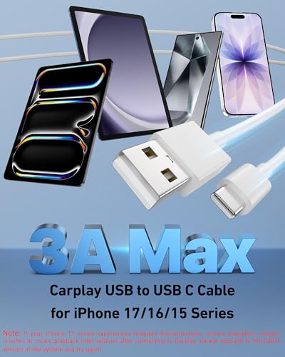 carplay cable for iphone 17/17 pro/air/16e/16/15 pro max/plus 2pack usb a to usb c charging wire 3ft