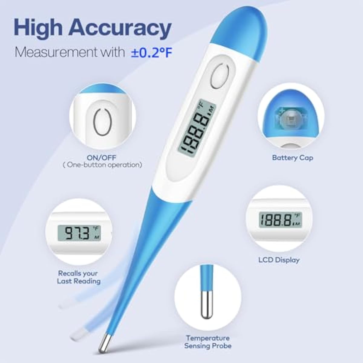 boncare 10 seconds oral thermometer for adults and kids accurate safe rectal thermometer for baby with fever alarm digital thermometer light blue