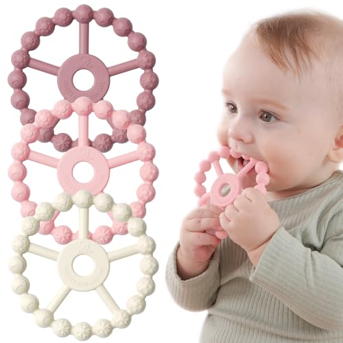 silicone teether ring toys for babies 0-6 months, 3-pack purple pink white