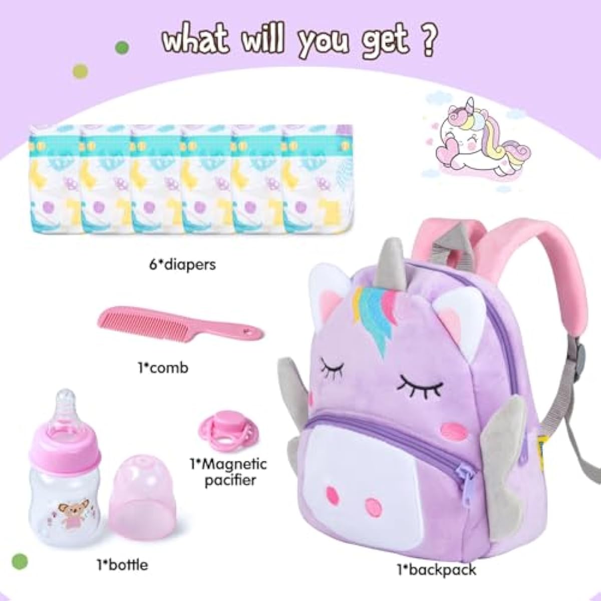 10 Pcs Reborn Baby Doll Diaper Bag Care and Feeding Set for 17-24 inches Reborn Dolls Newborn Baby Accessories with Unicorn Backpack Diapers Pacifier Bottle Comb