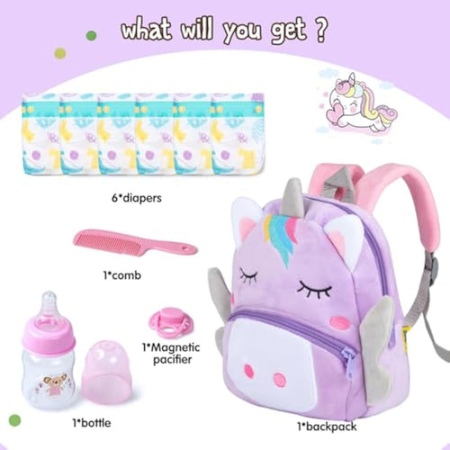 10 Pcs Reborn Baby Doll Diaper Bag Care and Feeding Set for 17-24 inches Reborn Dolls Newborn Baby Accessories with Unicorn Backpack Diapers Pacifier Bottle Comb