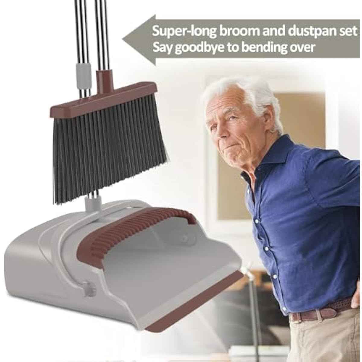 kelamayi Upgrade Broom and Dustpan Set, Self-Cleaning with Dustpan Teeth, Ideal for Dog Cat Pets Home Use, Super Long Handle Upright Stand Up Broom and Dustpan Set (Brown)