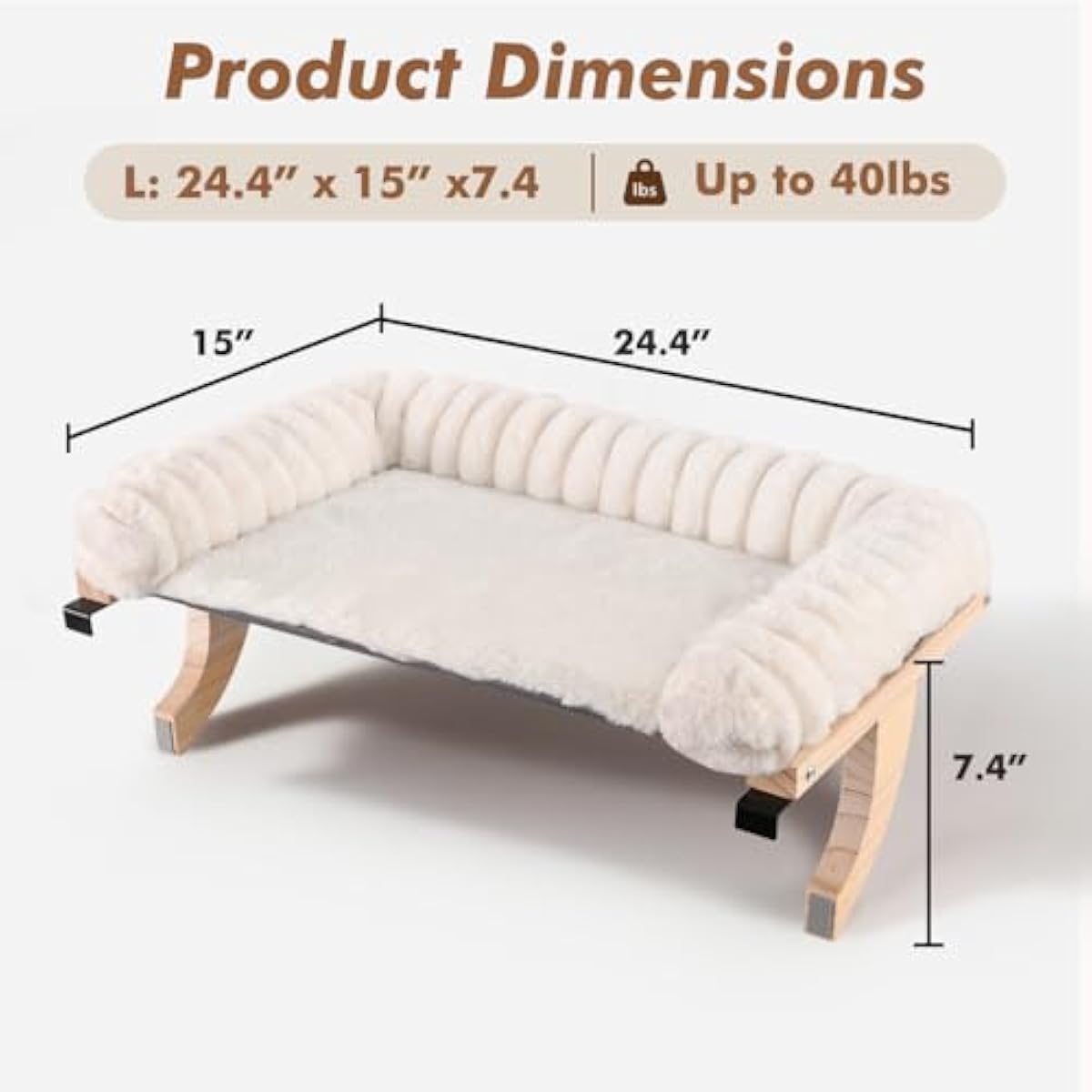 Cloud-Soft cat window perch with zipper cushion, solid wood & metal frame, large cat bed for windows (Large, White)