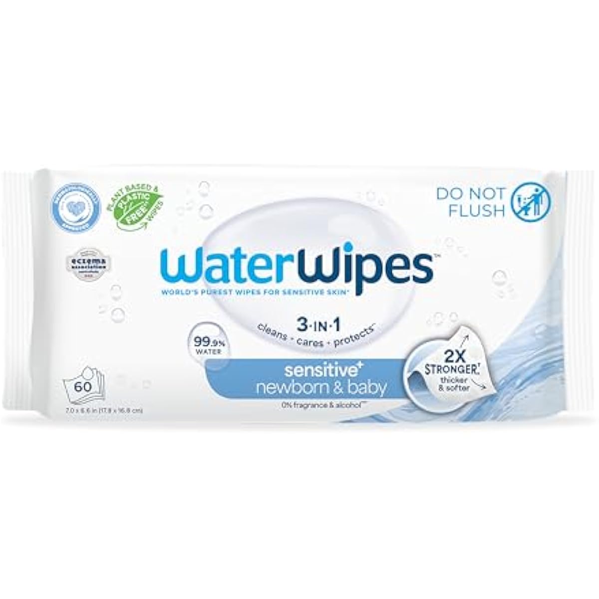 WaterWipes Sensitive+ Newborn & Baby Wipes, 3-in-1 cleans, cares, protects, 99.9% water, unscented & hypoallergenic, 60 count, 2x stronger, thicker & softer
