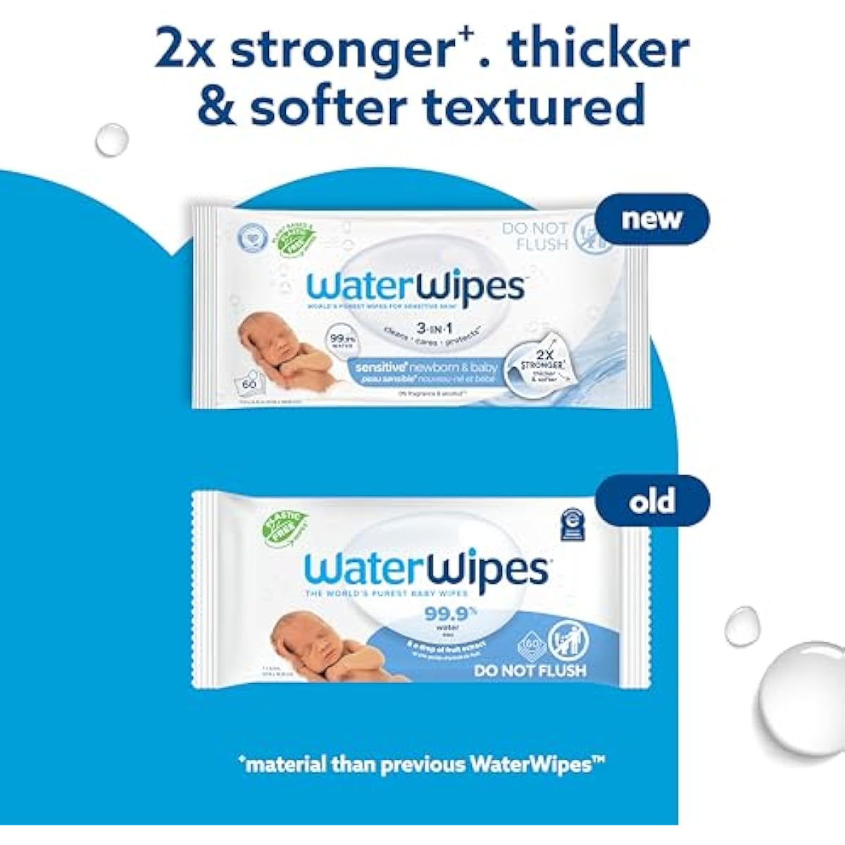 WaterWipes Sensitive+ Newborn & Baby Wipes, 3-in-1 cleans, cares, protects, 99.9% water, unscented & hypoallergenic, 60 count, 2x stronger, thicker & softer
