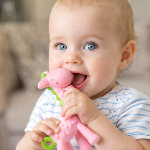 SHARE&&CARE BPA Free Silicone baby teether giraffe toy with storage case, for 3 months above infant sore gums pain relief (Pink)