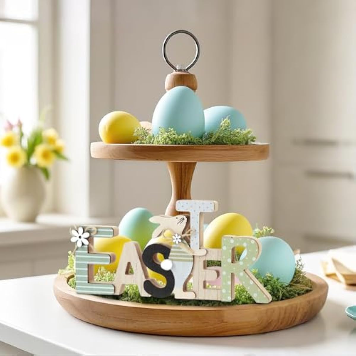 Farmhouse-style Wooden Bunny Easter Decorations for Home Indoor Tiered Tray Display
