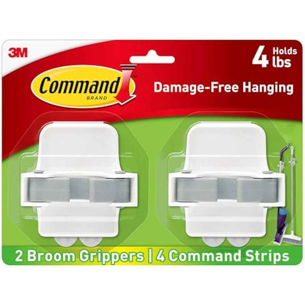 Command Broom and Mop Grippers, 2 Hangers and 4 Strips, Damage-Free Hanging Wall Mount and Mop Holder, Household Cleaning Organizer for Christmas Decorations, Holds up to 4 lb,Plastic
