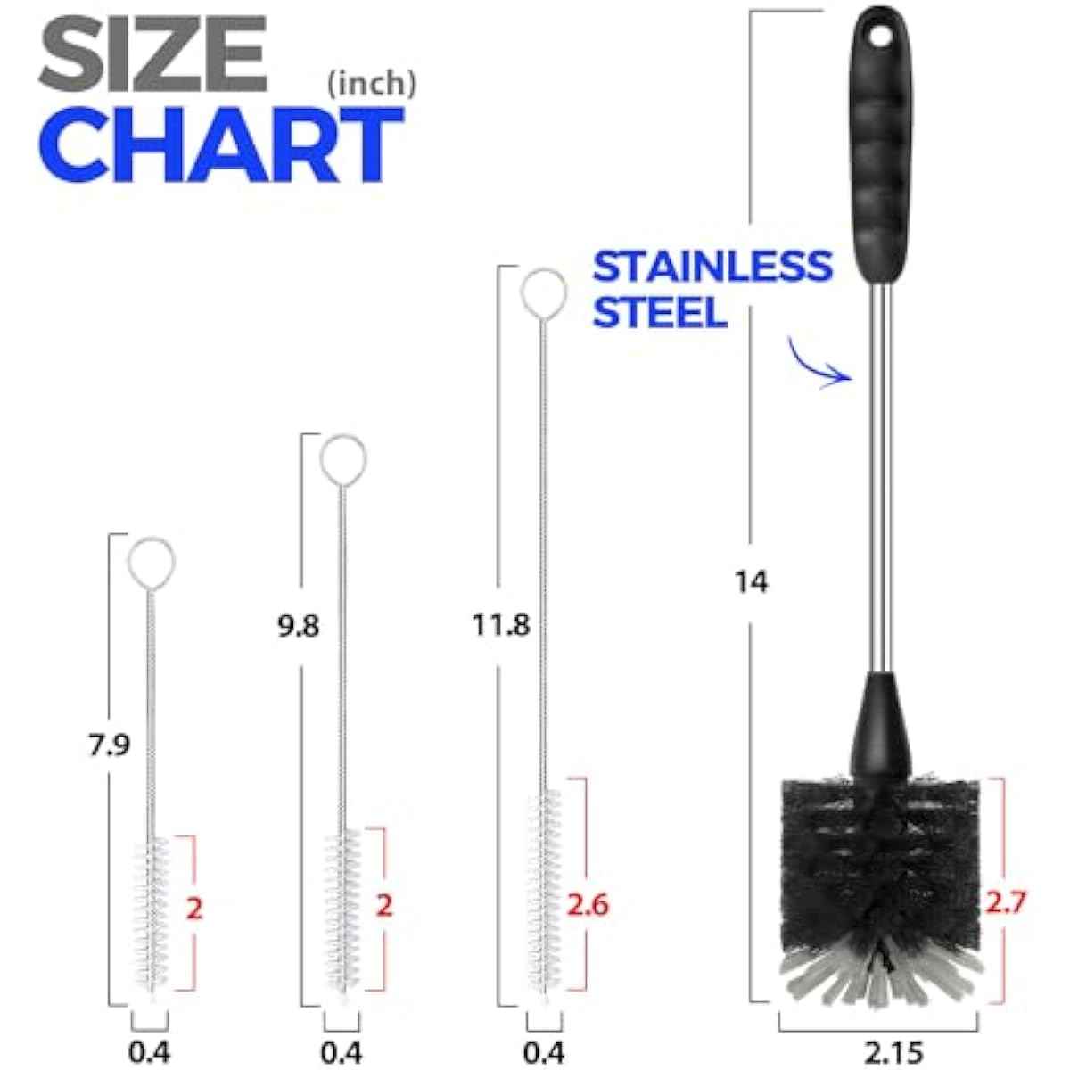 Holikme Bottle Brush Cleaner Set, 14" Long Handle Stainless Steel Bottle Cleaner Brush, 3 Straw Cleaner Brush, Bottle Cleaning Brush for Water Bottle, Cups, Abrasive Wheel Brushes, Straws Black