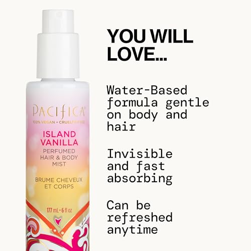 pacificas island vanilla 6oz hair and body mist, paraben-free, no alcohol, vegan and cruelty-free for women