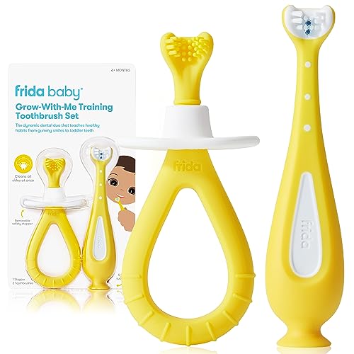 Frida Baby Grow-with-Me Training Toothbrush Set for infants and toddlers 6-18 months, BPA-Free, Soft Silicone Bristles, Yellow
