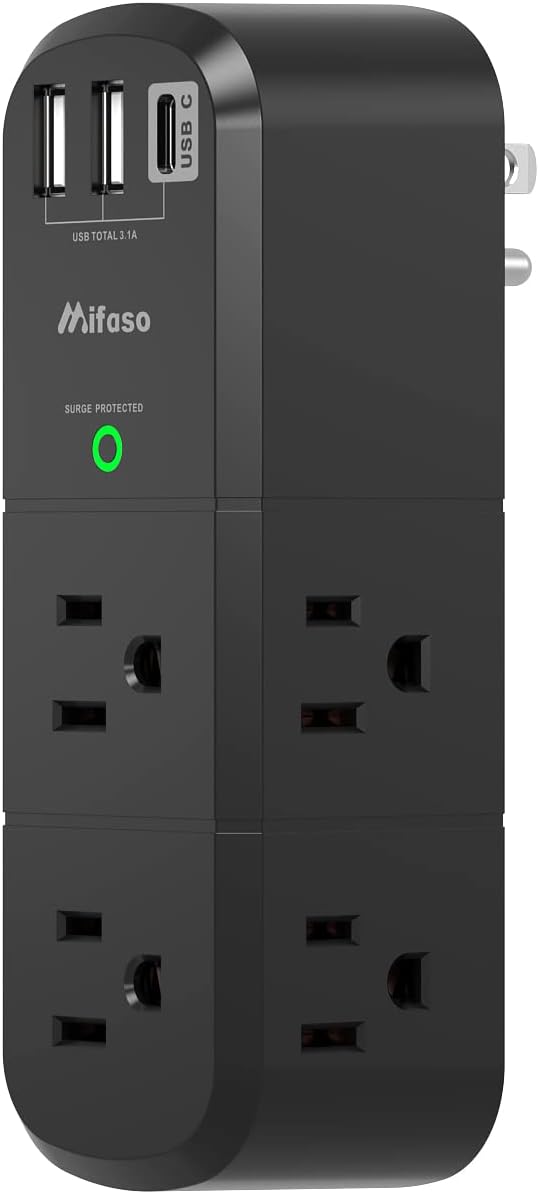 mifaso 3 sided swivel rotating plug surge protector with 6 ac multi plug wall outlets and 3 usb ports