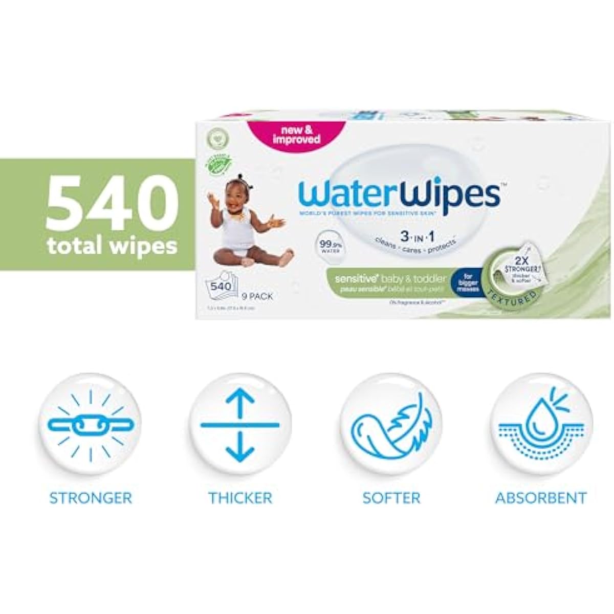 waterwipes sensitive+ baby & toddler 3-in-1 wipes 540 count unscented hypoallergenic
