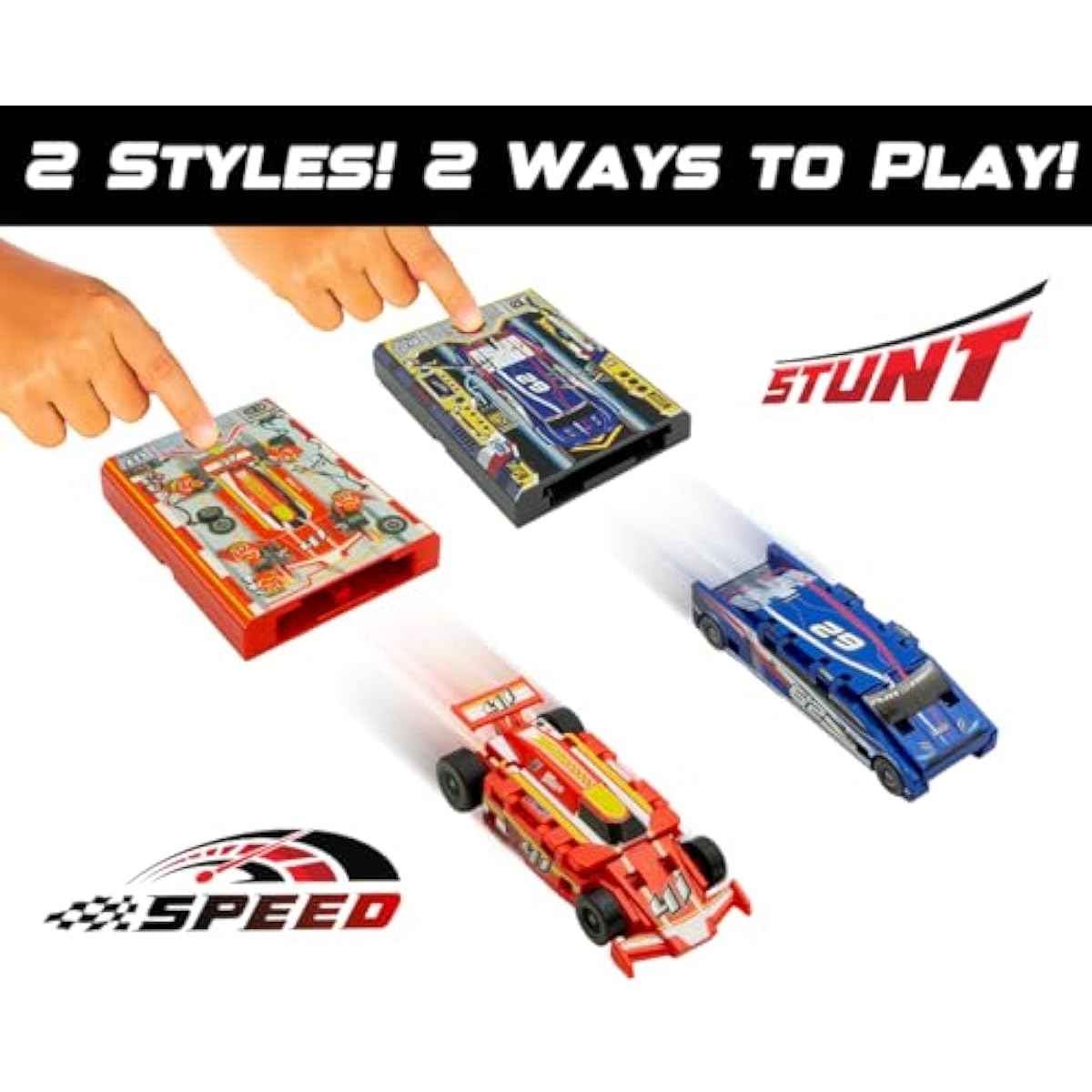 FLAT 2 FAST Original Stunt Card Racer – Flat Car Racer and Pocket Size Racecar Launcher with Built-in Button for Stunt Launching and Racing – Compact – Crimson Red