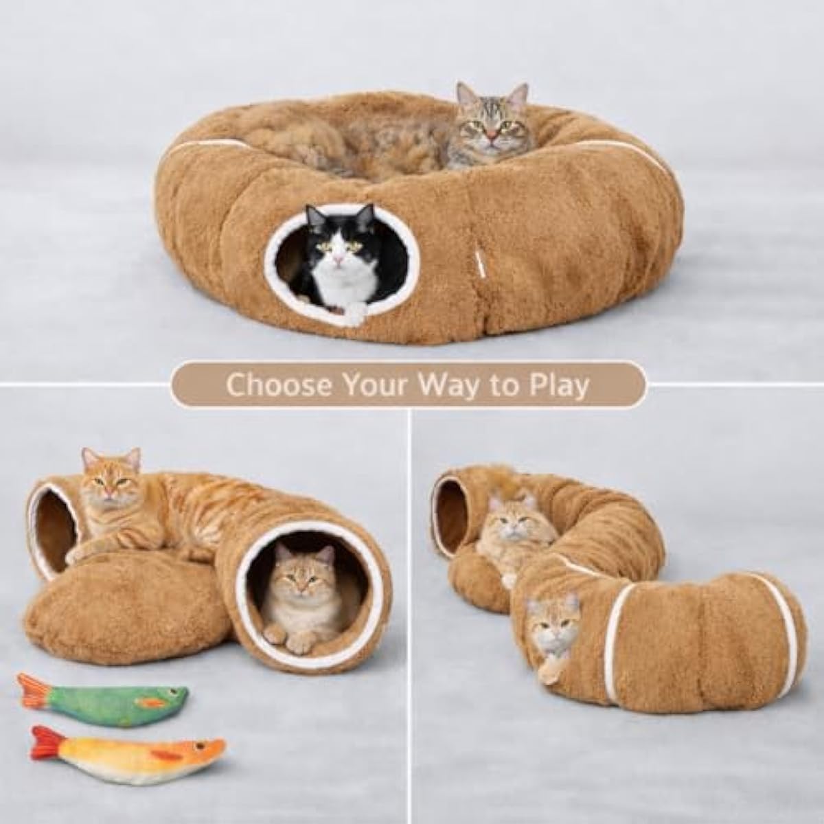 R1M Cat Donut Tunnel Bed Toy for Small and Larger Indoor Cats with Two Fish Toys, Brown
